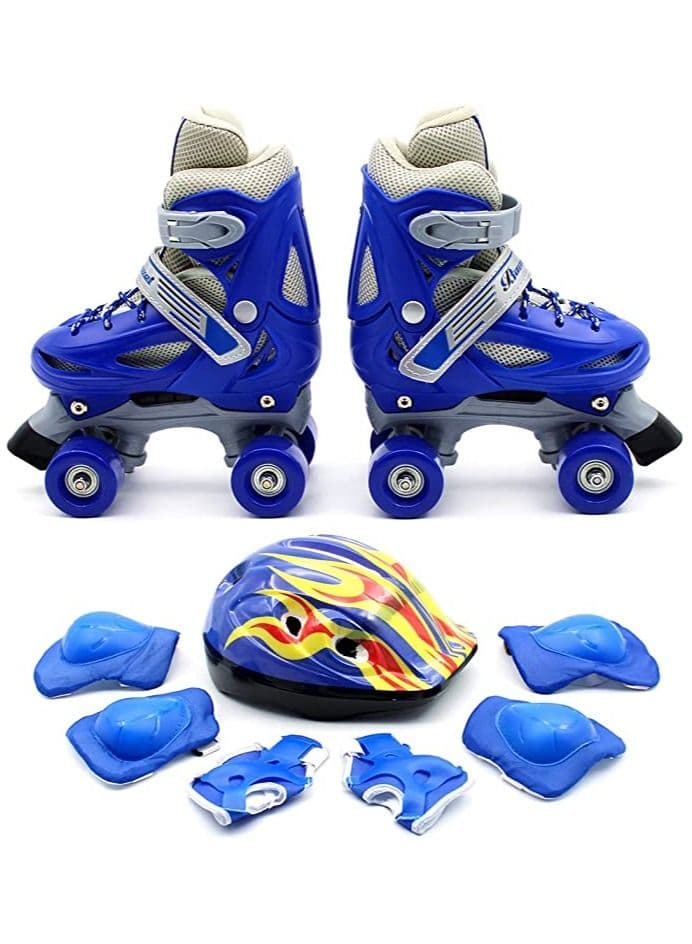Roller Skates Adjustable Size Double Row 4 Wheel Skates for Children Skates for Boys And Girls Including Full Protective Gear Blue Colour