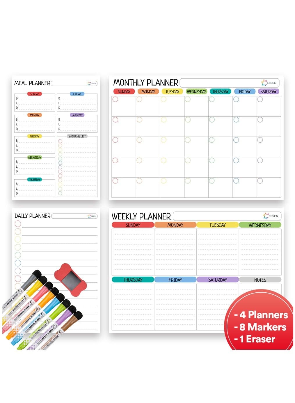 Magnetic Whiteboard Planner Monthly Weekly Meal and Daily Planners for Fridge - 4 Planners, 8 Markers and 1 Eraser(Assorted Color)
