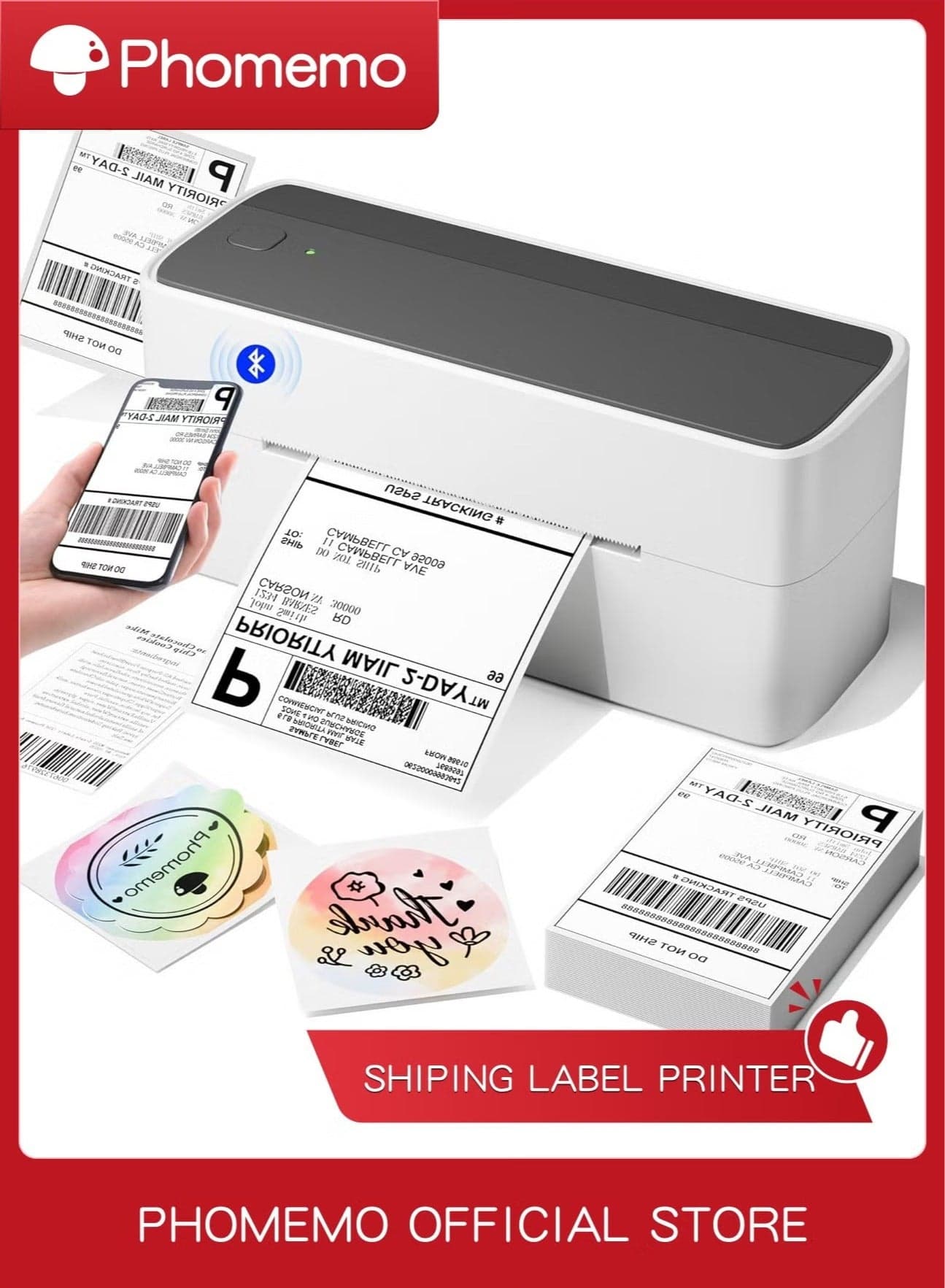 241-BT Bluetooth Thermal Label Printer, Wireless Shipping Label Printer for Home, Office and Business, Label Printer for Shipping Packages, Compatible with iPhone, Android .It contains 10 sheets of 4X6" white paper.(White Black)