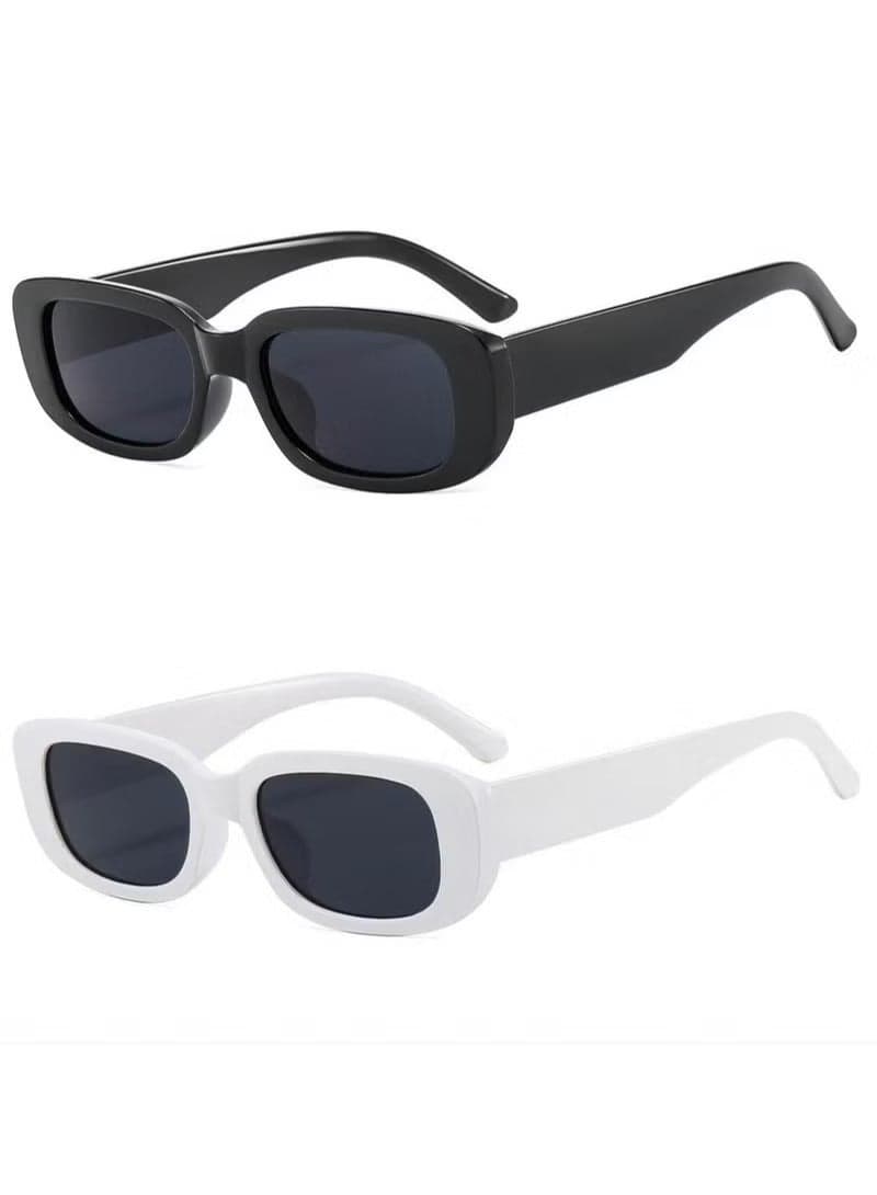 2Pcs Vintage Small Square Sunglasses for Women and Men, Retro Rectangle Sun Glasses with UV400 Protection, Narrow Square Frame Fashion Driving Glasses in 90s Style, Available in Black and White