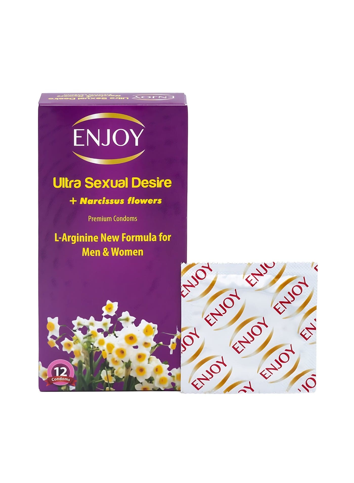 ENJOY Ultra Sexual Desire Condoms + Narcissus Flowers | Premium Latex Condoms with L-Arginine New Formula for Men & Women | Extra Strength, Performance & Pleasure | Natural Safe Latex | 12 pcs