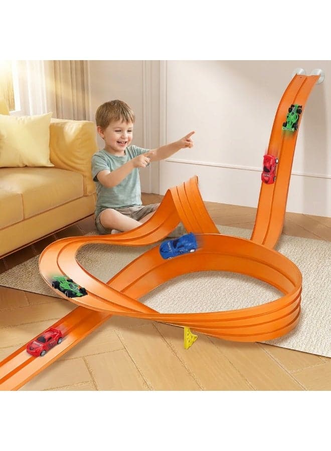 DIY 5M Gravity Inertia Race Track Toy Set with 2 Inertia Cars + 2 Pullback Cars for Boys Aged 3+ ,Aluminum Alloy Racing Toys, Flexible Orange Tracks, Suction Cups & Brackets for Indoor/Outdoor Play,Gift for Kids 3,4,5,6