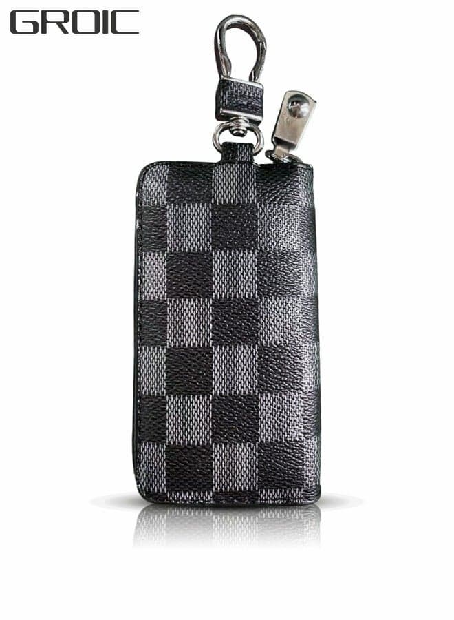 Car Key case Premium PU Leather Car Key Chain Holder Chequered Pattern Metal Hook and Key Ring Zipper Bag for Smart Remote Key KeyChain Protector Cover