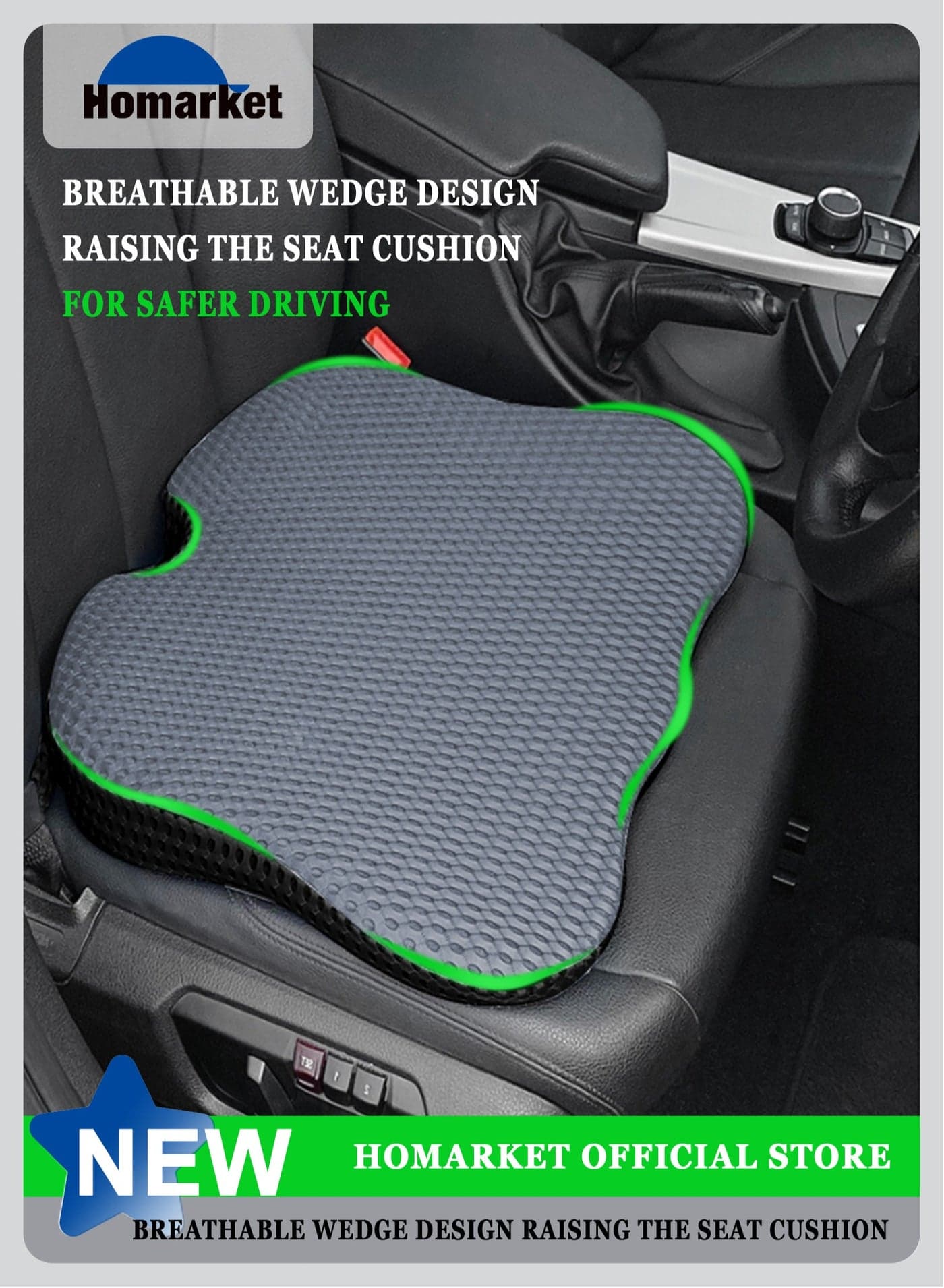 Mesh Covered Breathable Ergonomic Enhanced Seat Memory Foam Black Seat Cushion Driving Car Seat Cushion Improves Vision Posture