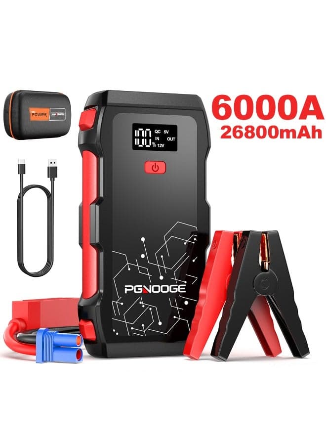 PGNOOGE 6000A Car Jump Starter, 26800mAh Battery Power Pack For All Gas And 10L Diesel Engines, Portable Emergency Kit For Road Trips With Flashlight, LED Display, USB Fast Charging