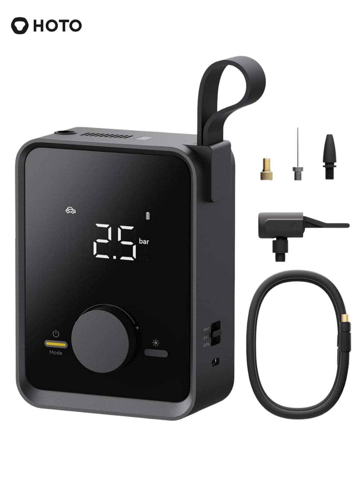 Portable Electric Air Pump for Car, Bike & Ball – HOTO Inflatable Treasure PRO, 12V Cordless Tire Inflator with LED Display, 4 Preset Modes, Quick-Connect Hose, 2500mAh Rechargeable Battery, USB Charging – Black