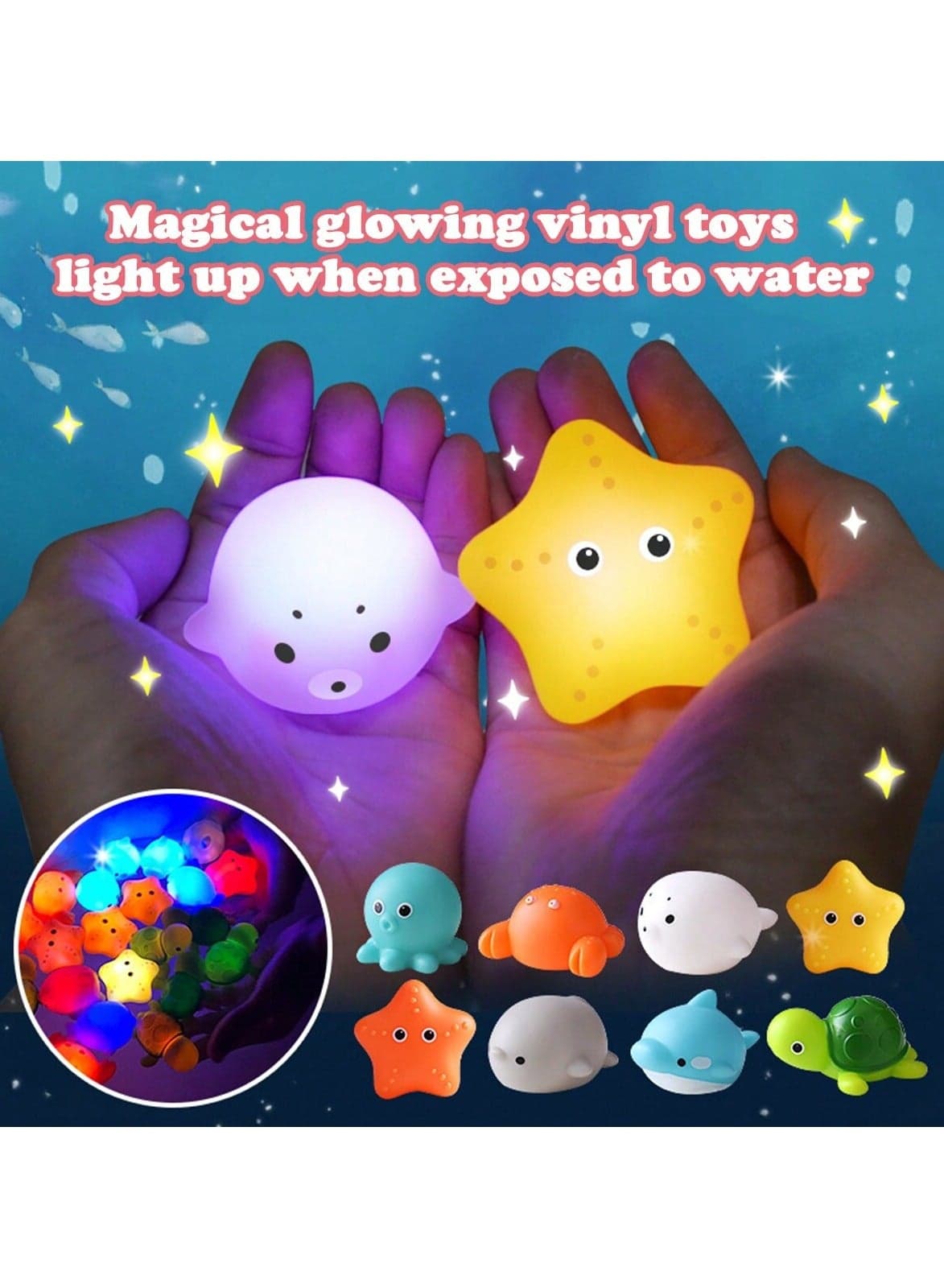 5-in-1 Light-Up Floating Bath Toy Set – No-Hole Glowing Ocean Animals with Fishing Net, Colorful Waterproof Pool & Bathtub Toys for Babies & Kids, Fun & Safe Water Play, Perfect Gift for Bath Time