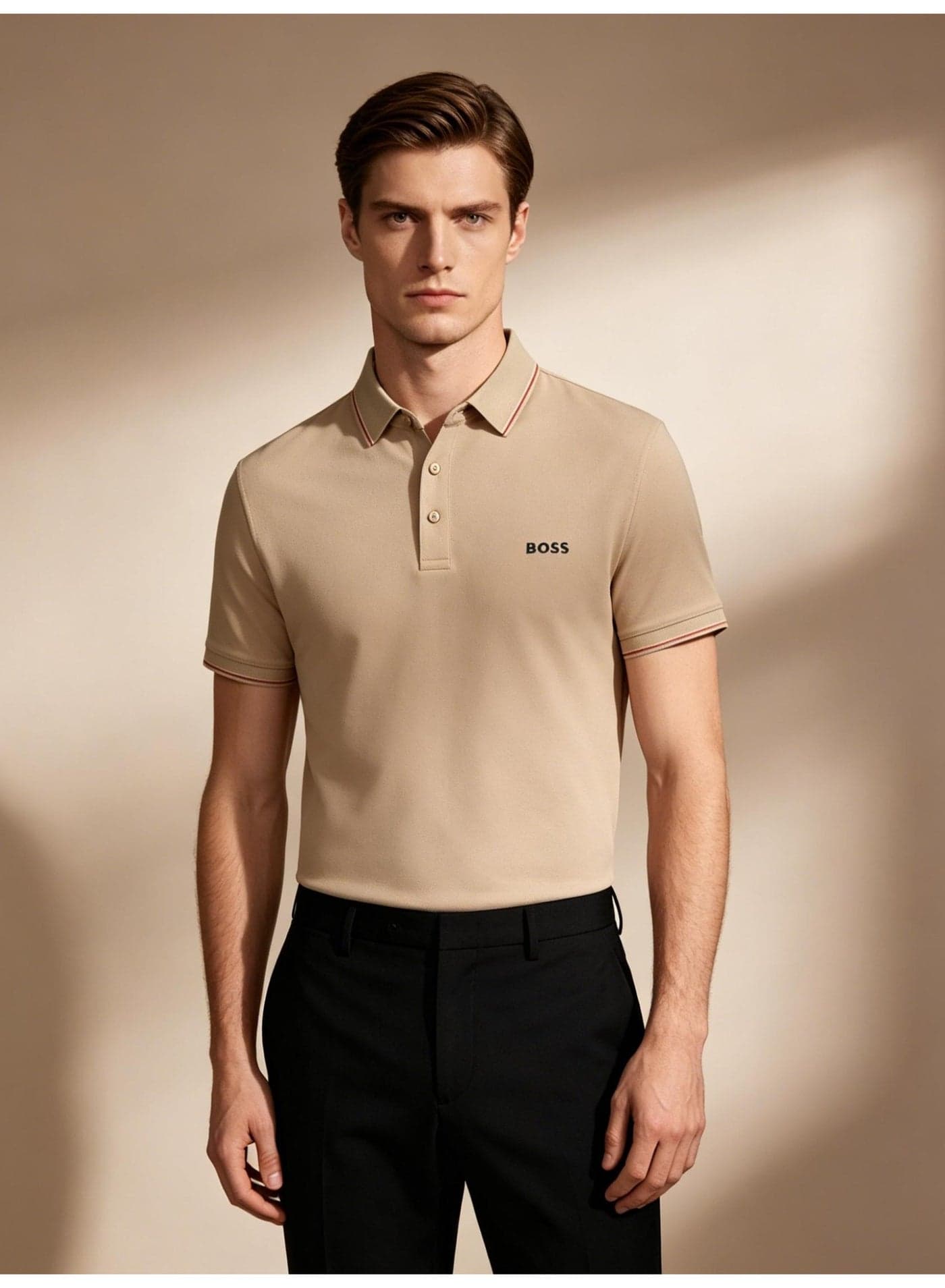BOSS Men Short Sleeve Tipped Collar Polo Shirt Slim Fit Office Casual Daily Holiday Summer Wear Khaki