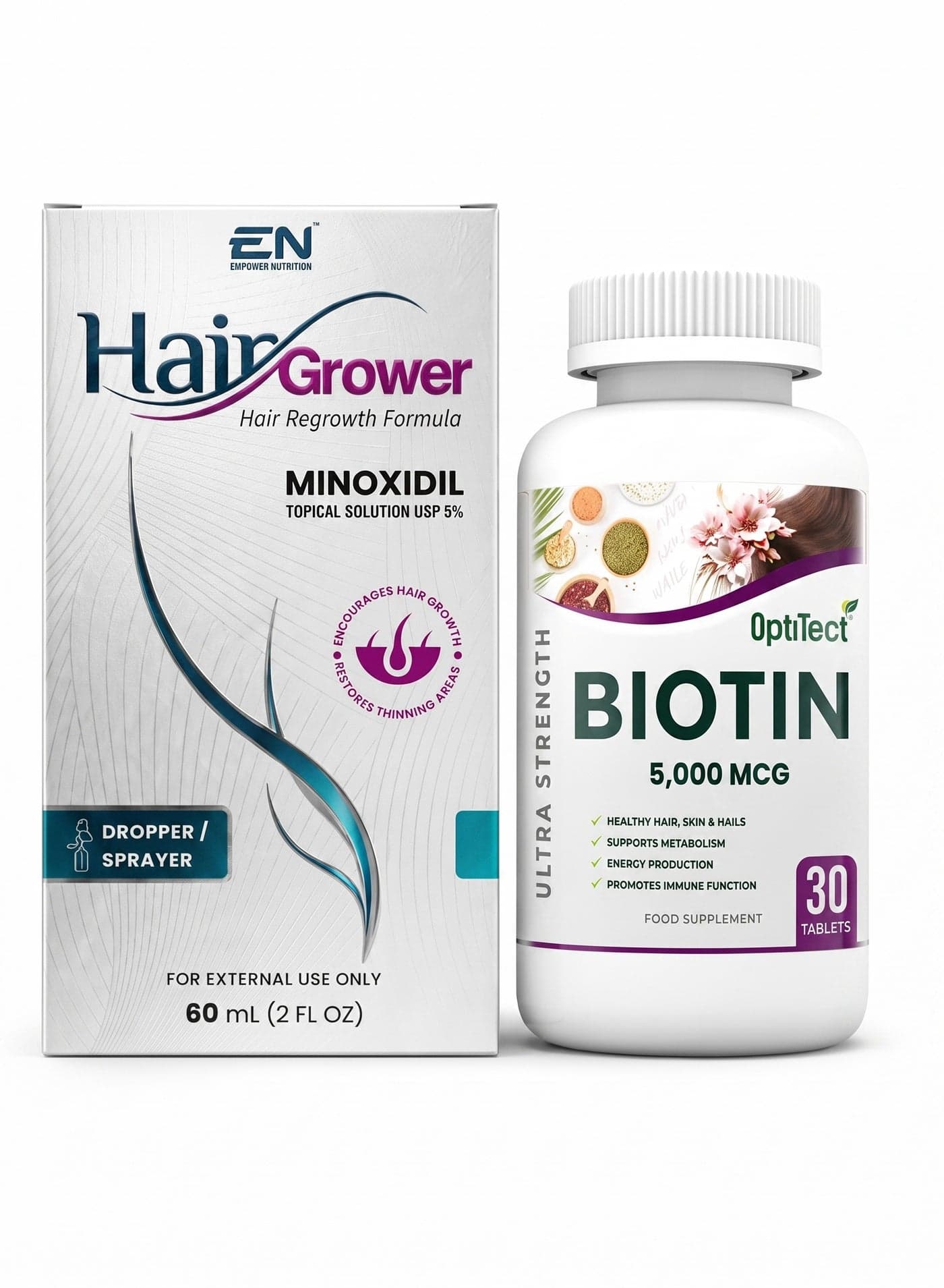 Hair Growth Support Combo – Optitect Biotin 5000mcg 30 Tablets+Empower Nutrition Minoxidil Spray 60ml