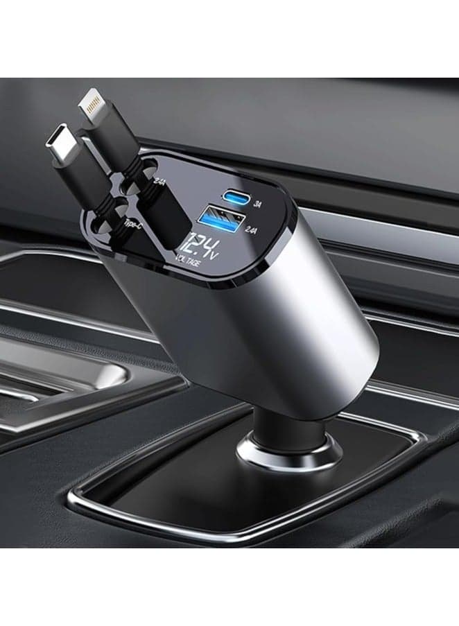 Retractable Car Charger 120W, 4 in 1 Fast Charge Car Phone Charger, Retractable Cable (31.5 inch) ,USB Type-C&Lightning Ports Car Charger Adapter Compatible with iPhone 16/15/14/13/12 Pro Max XR,iPad,Pixel,Samsung