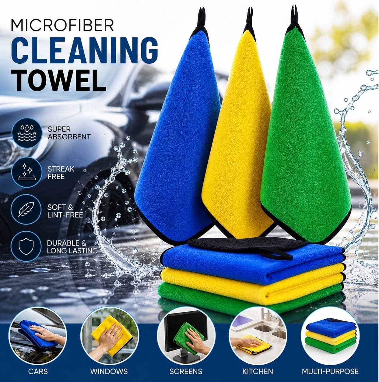 Dunekart Microfiber Car Drying Towel, Super Absorbent Soft Cleaning Cloth, Lint Free Streak Free for Car, Glass, Windows & Kitchen, 40x30 cm, Pack of 3 (Multicolor)