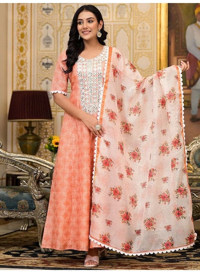 Peach Kota Doria maxi dress with Floral Dupatta