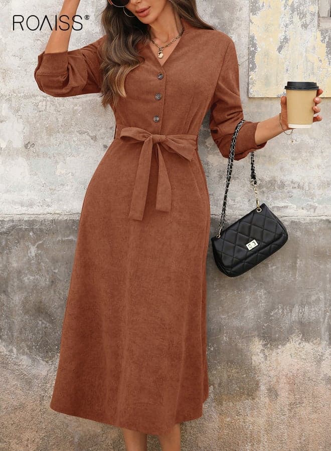 Women's V Neck Midi Dress, Knitted Corduroy Elegant Mid-Waist Bow Tie Waist Belt, Long Sleeve Zipperless A-Line Work Business Casual Dailywear Brown Dress for Autumn