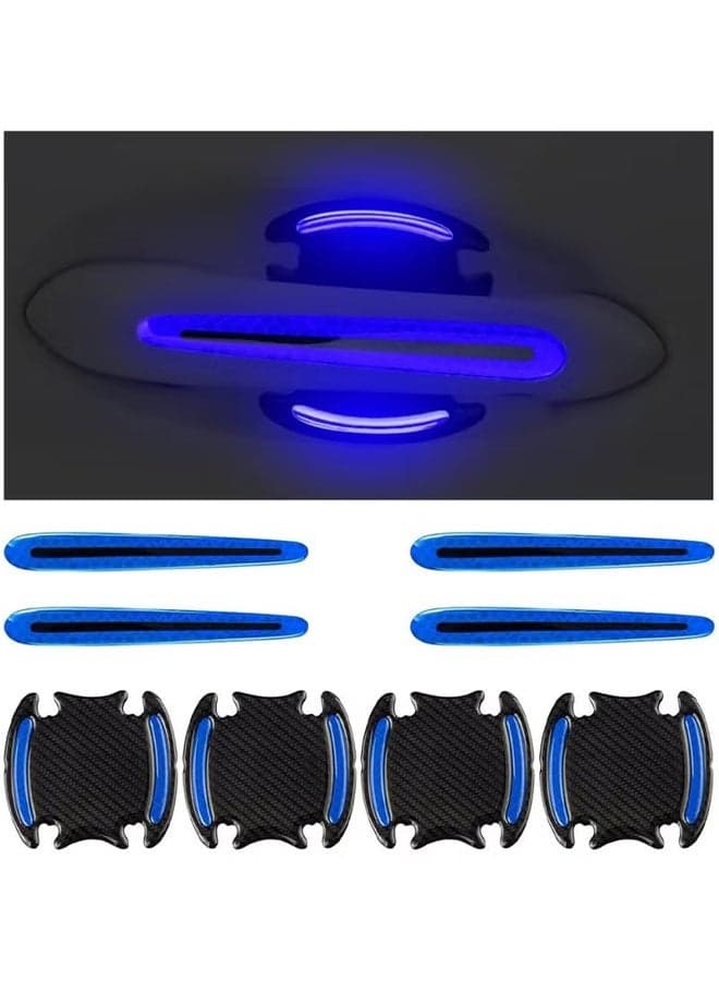 8 Pcs Car Handle Cup Protector Reflective Stickers, 3D Carbon Fiber Door Bowl Paint Scratch Protective Film, Night Visibility Door Cover Guard Strips, Warning Decals Universal for Most Cars (Blue)