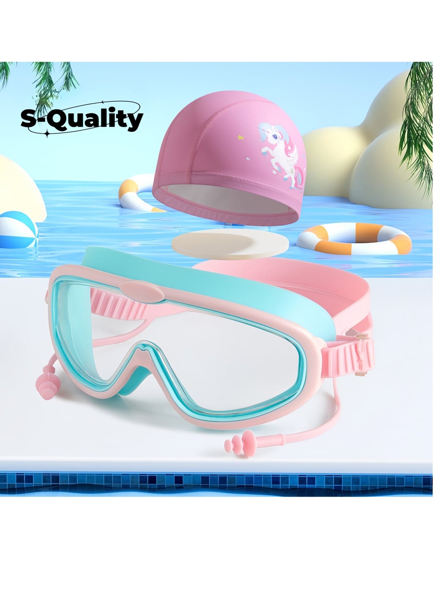 Kids Swimming Goggles and PU Cap Set – Wide View, Anti-Fog, Waterproof for Boys and Girls