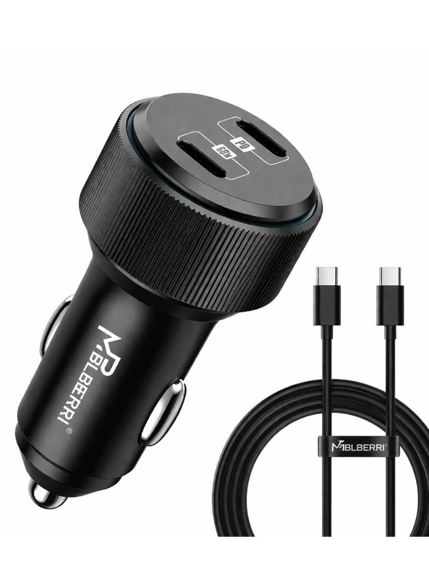 MPBLBERRI Premium Quality PD Car Charger, 66W, with Type-C to Type-C Cable, Fast Charging, Black
