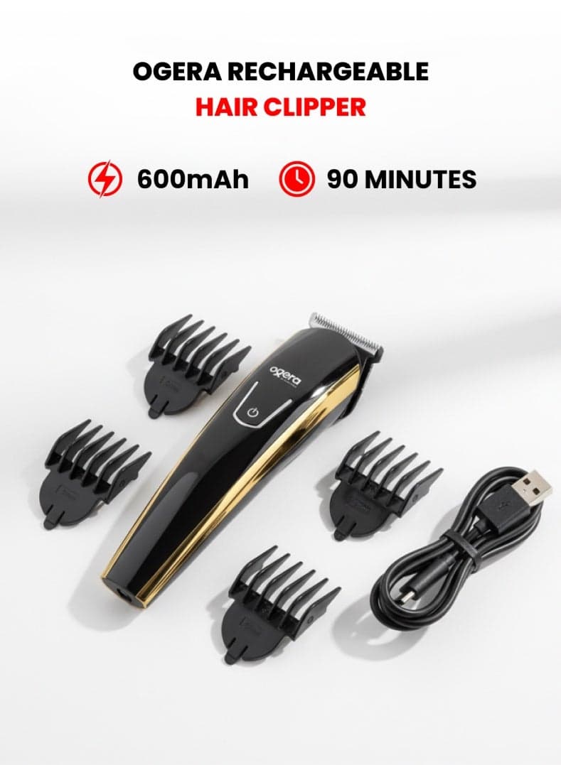 Rechargeable Hair Clipper | 90-Minute Runtime | Stainless Steel Blades | 600mAh Lithium Battery | LED Charging Indicator | Type-C Fast Charging | Cordless Hair Cutting Machine for Men | Model OG2000HT | Black & Gold | 2-Year Warranty