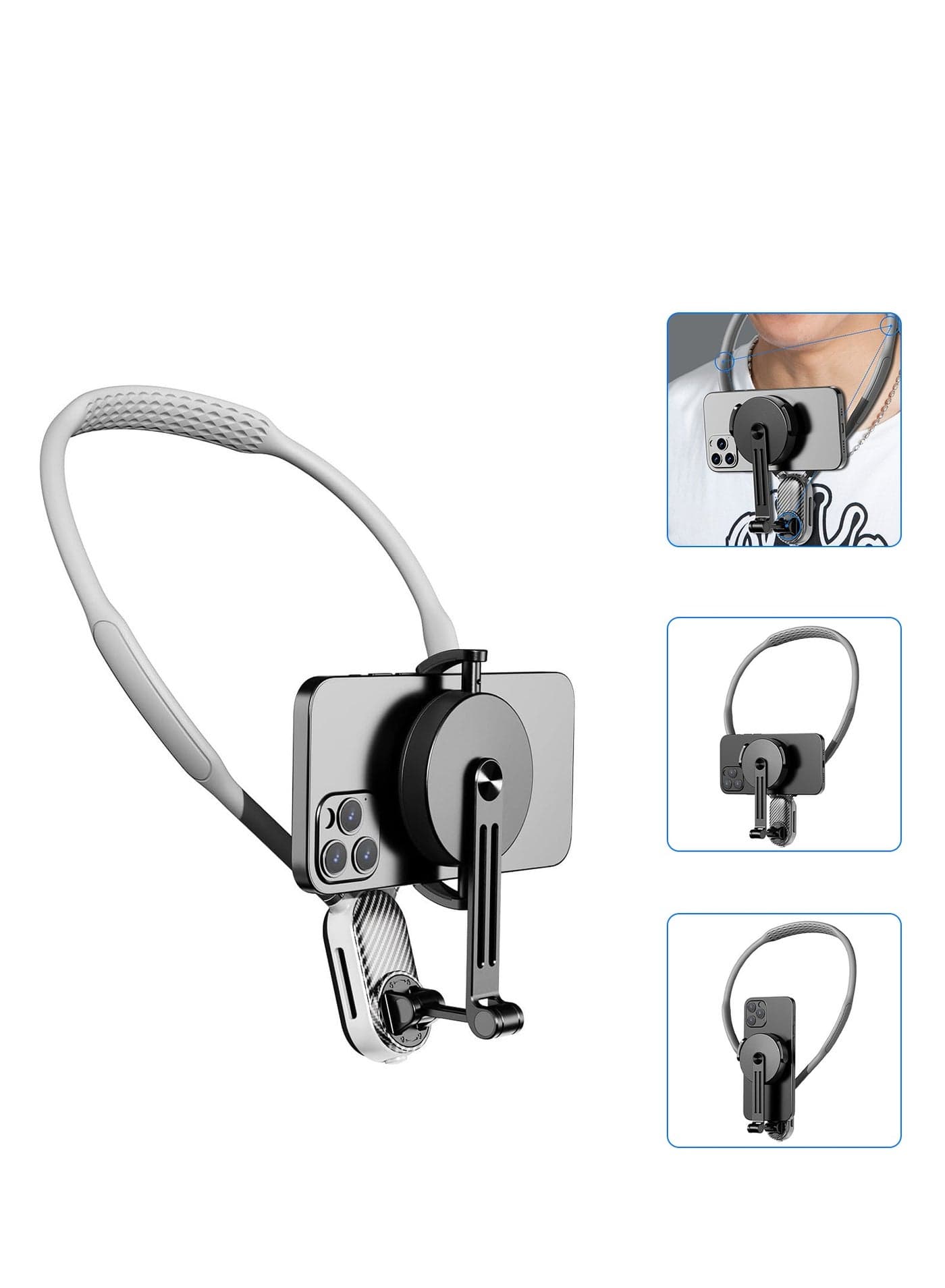 Magnetic Neck Phone Holder for Recording, Hands Free Phone Holder POV Phone Mount with Safety Strap & Cleaning Cloth, Magnetic Neck Mount for iPhone 16 15 14 13 12 Android Phones (Grey)