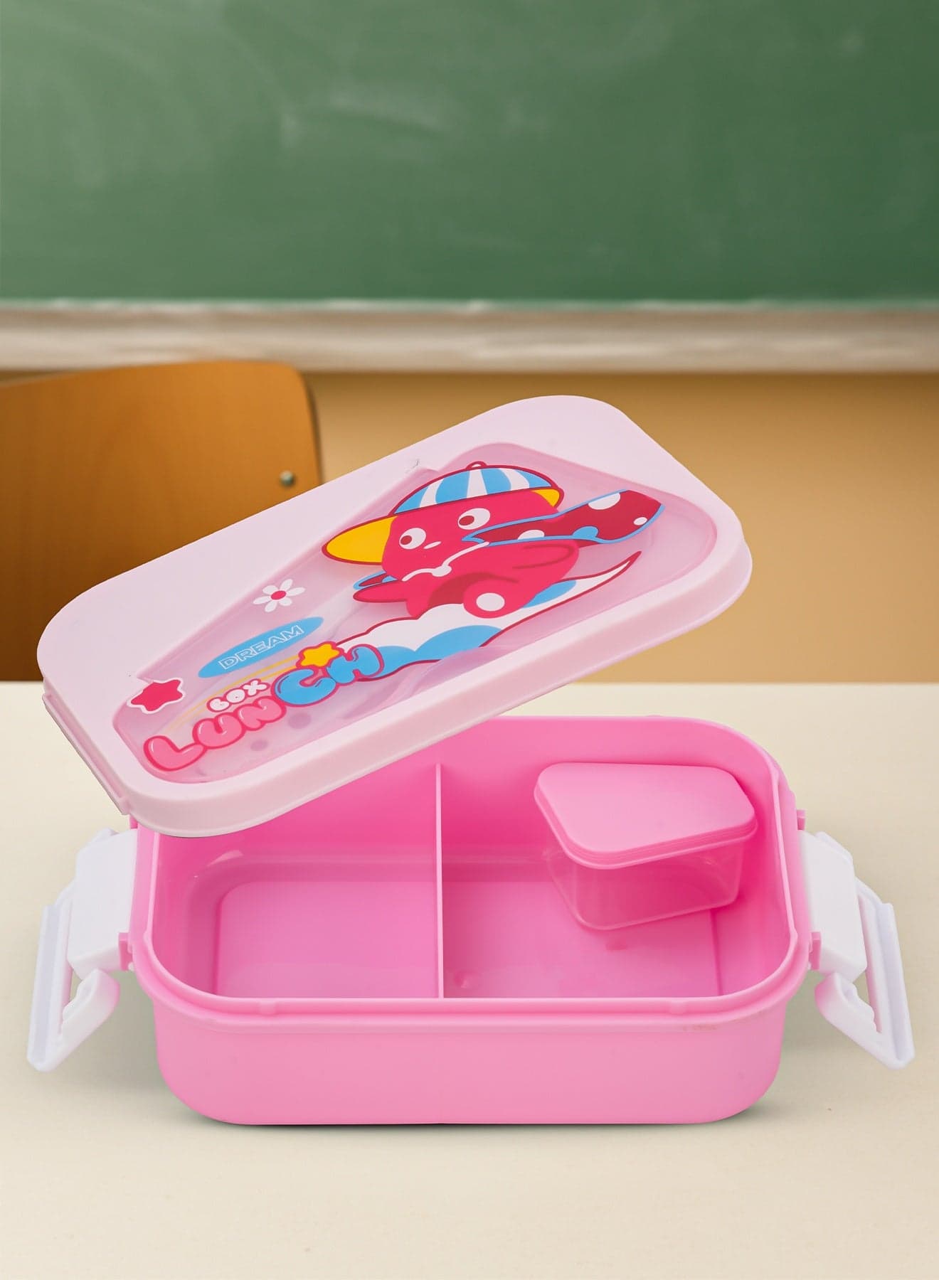 750 ML Kids Lunch Box For Kids with 2 Compartments Bento Box for Kids & Toddlers With Spoon and Fork, Sauce container | Easy Clean Safe Leakproof School Tiffen Box For Kid Pink
