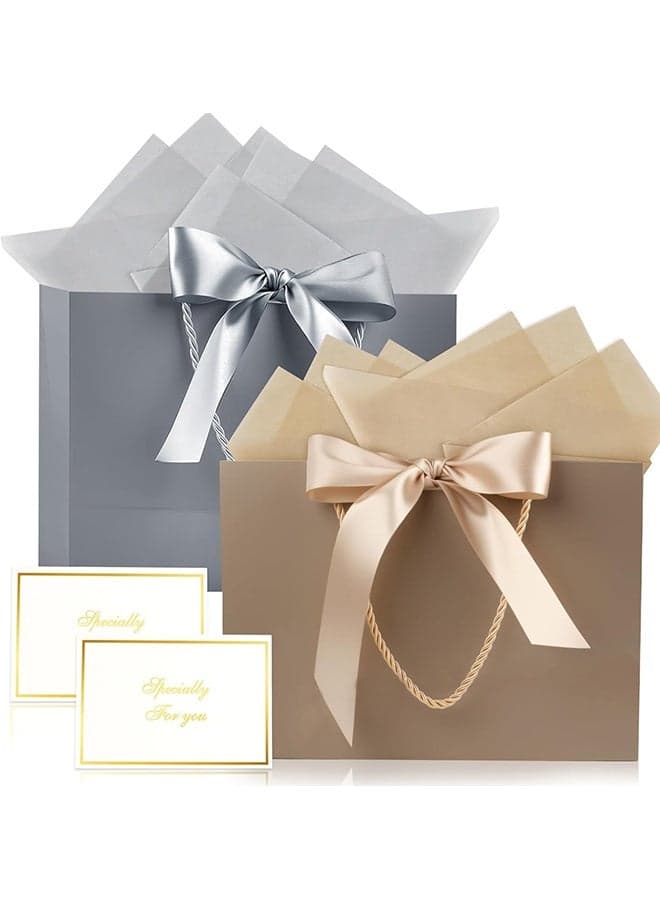 2 Pcs Large Gift Bag, Birthday Gift Bag With 2-Color Ribbon, 2 Greeting Cards and 4 Sheets Tissue Paper, Portable Paper Gift Bag for Birthday Parties, Wedding Parties, Baby Showers, Christmas