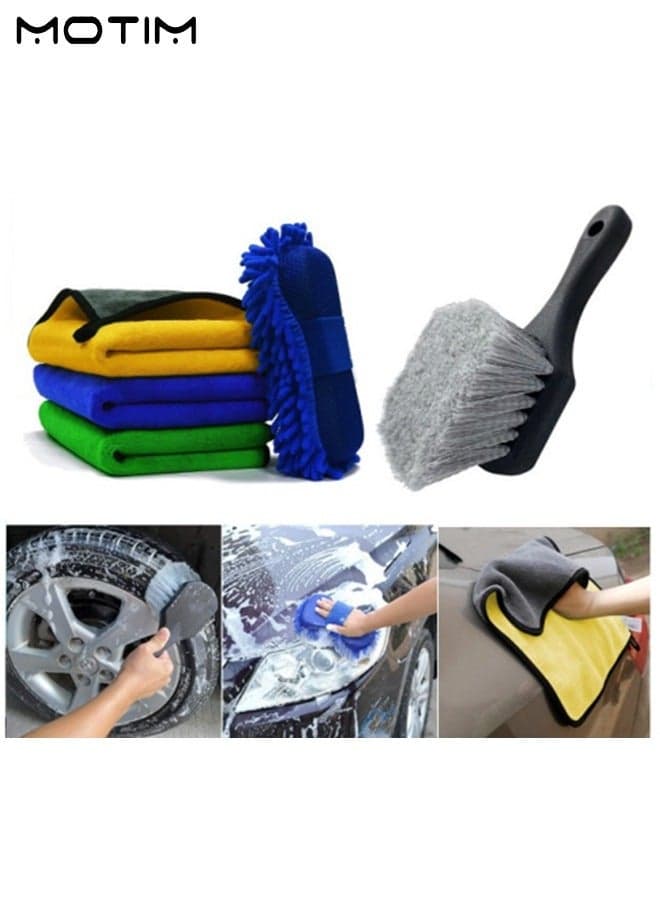 5Pcs/set Car Wash Cleaning Kit, 3 Pcs Car Cleaning Towel Microfiber Cloth with 1 Pcs Washing Sponge And 1 Pcs Car Wheel Brush/Tire Cleaning Brush for Car Interior Exterior Cleaning Set
