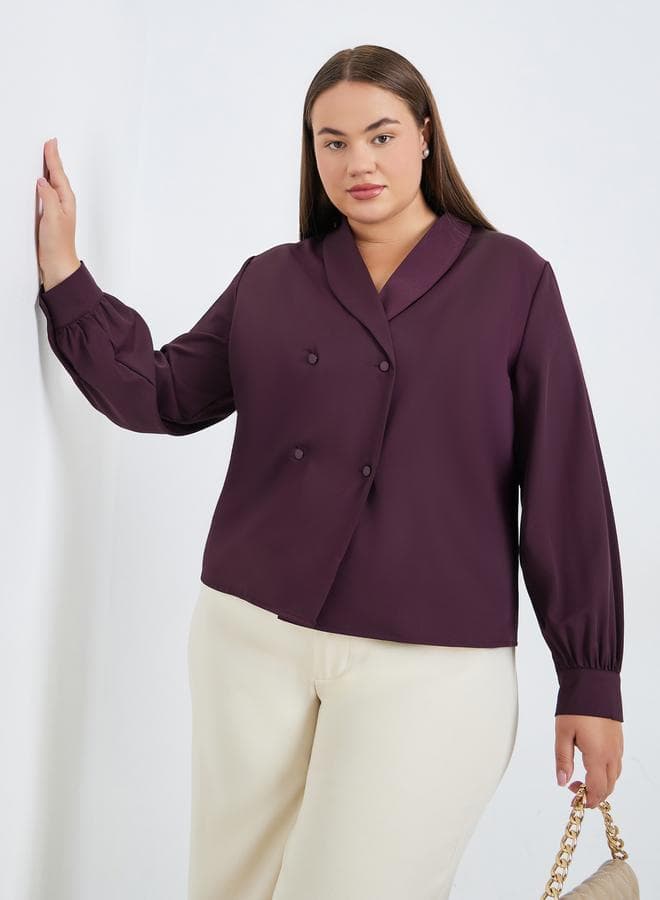 Plus Size Burgundy Long Sleeve Wrap Blouse