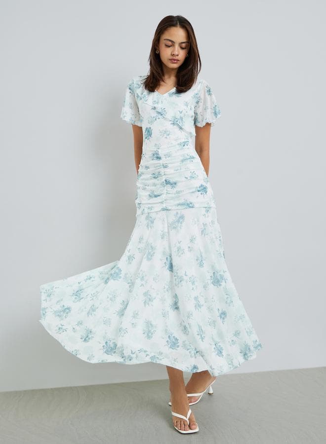 White Floral Mesh Gathered Maxi Dress