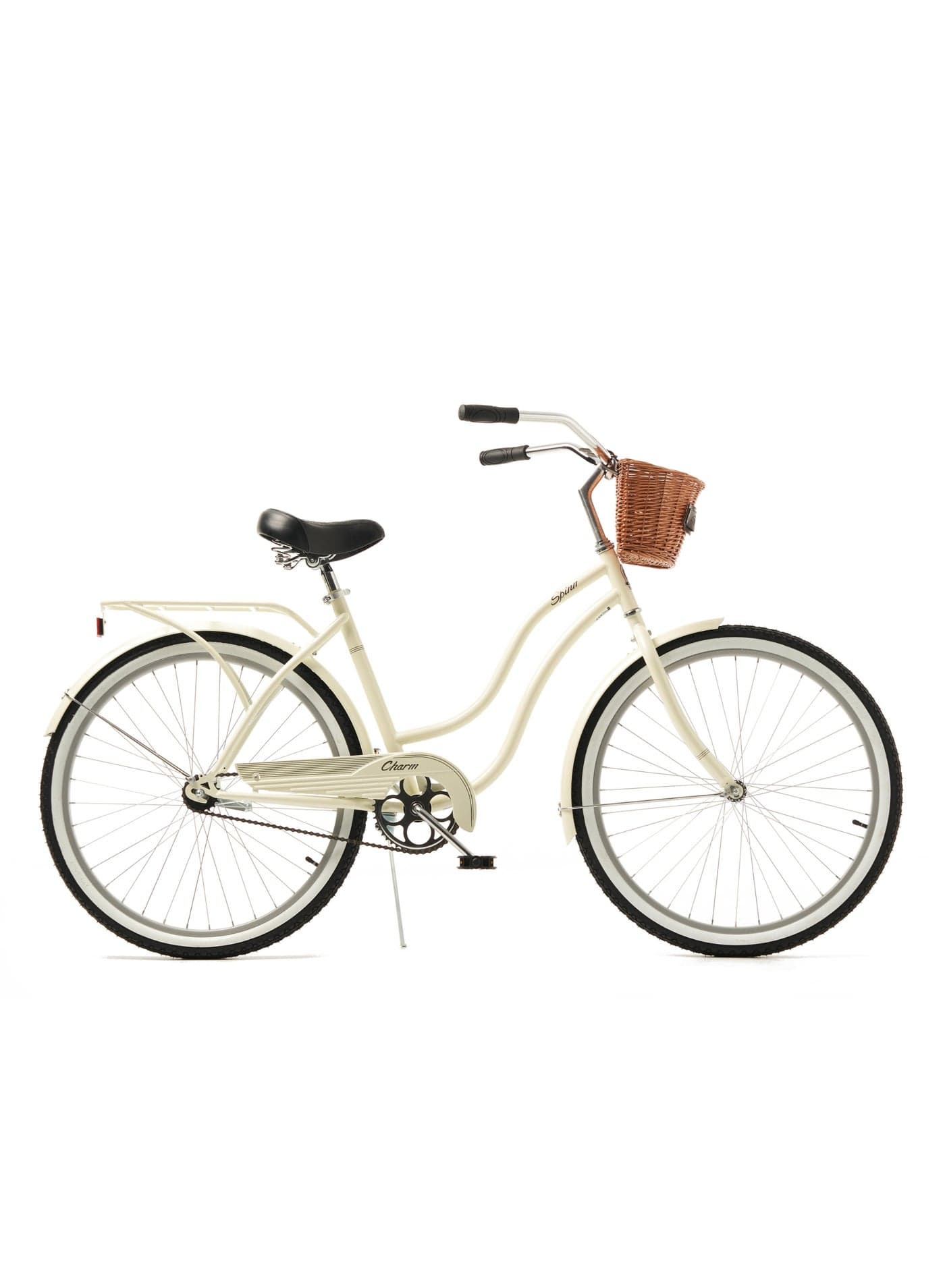 SPINN Charm 1 Women's City Bike | 26" Step-Thru Single Speed | Pearl White | Woven Basket & Rear Rack Included | Ladies Bicycle UAE