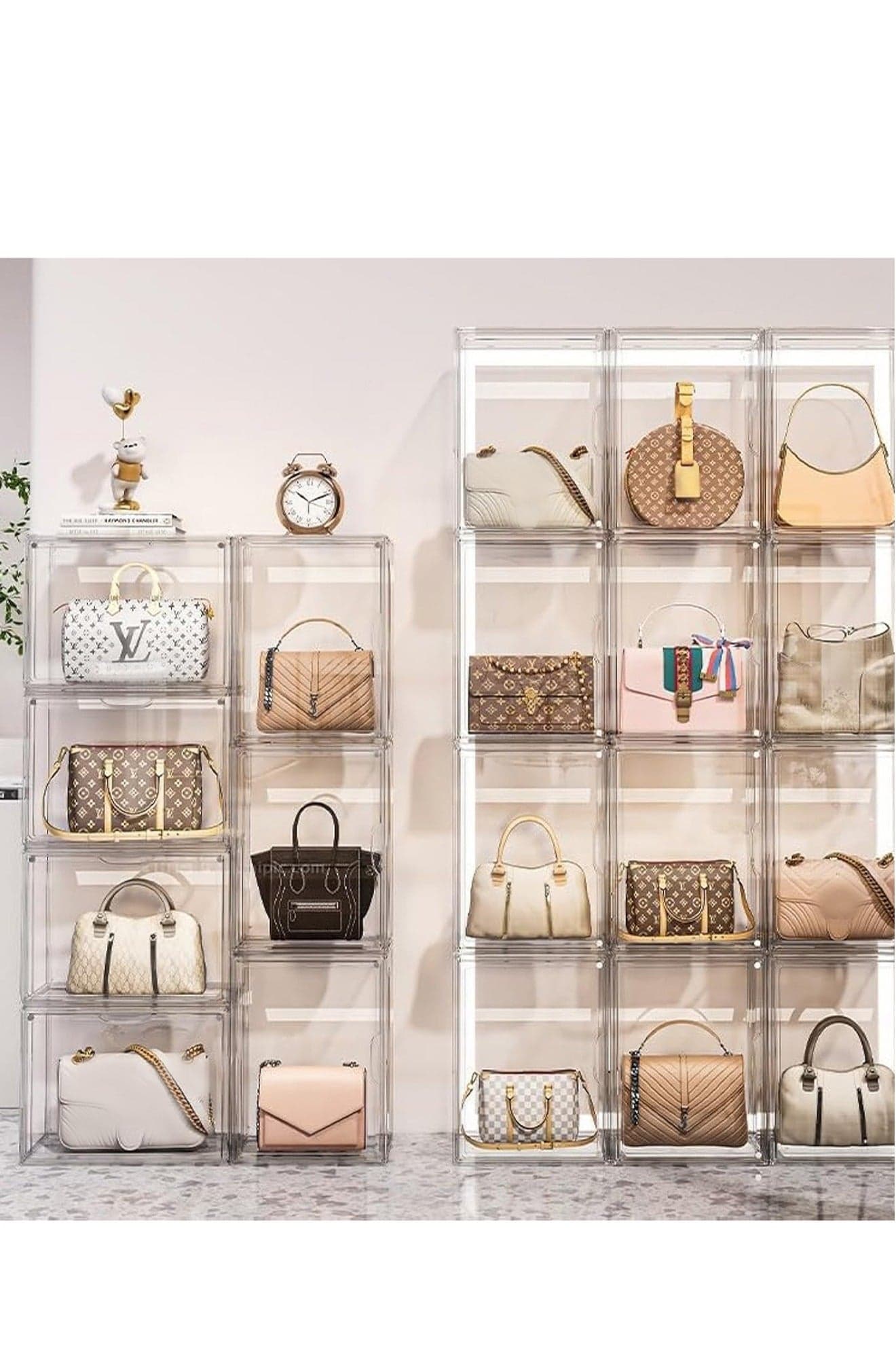 Handbag Storage Organizer for Closet Acrylic Display Box Stackable Storage with Magnetic Door for Figure Hat Toys Books and Bags