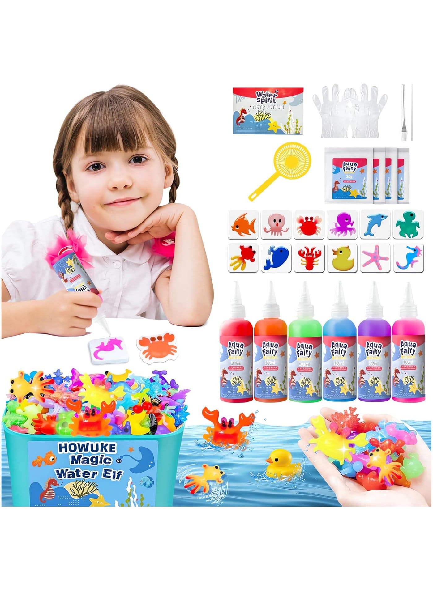 Magic Water Elf Kit, Aqua Fairy Water Gel, 100ml Large Capacity Set with 12 Shape Molds, Kids' Creative DIY Handmade Water Toy, 6 Colors