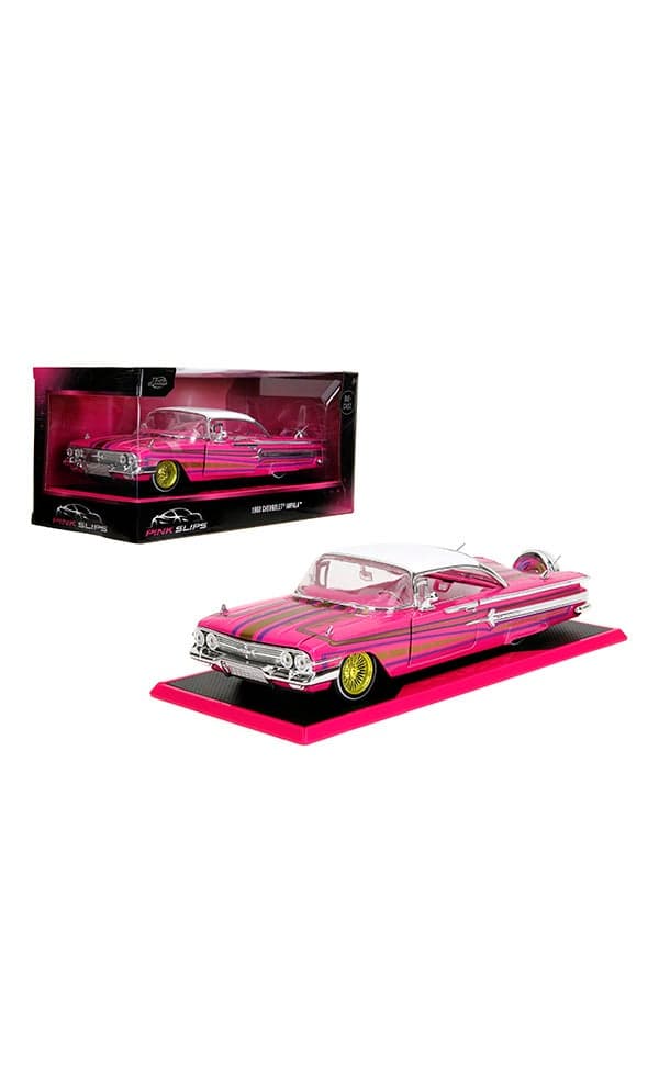 Toys Pink Slips 1960 Chevrolet Impala Die-Cast Car with Base, Toys for Kids and Adults – 1:24 Scale, Multicolor