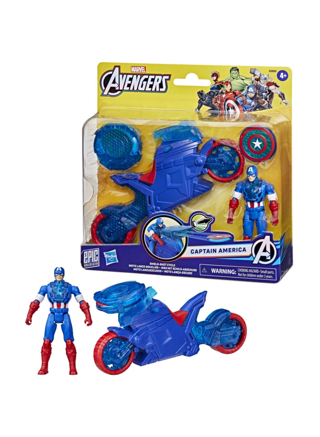 Marvel Avengers Epic World of Action Captain America Shield-Shot Cycle, 4-Inch (10 cm) Figure & Toy Motorcycle Playset, Super Hero Toys for Kids, 4+