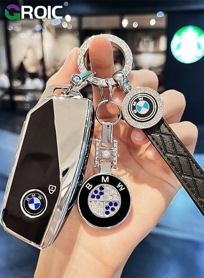 For BMW Key Fob Cover with Keychain, Chrome Silver Trim Soft TPU Car Key Shell Case for 2023 2024 BMW 7 Series 740 760i I5 I7 IX X1 X5 X6 X7 XM, BMW Accessories Key Protector(Black)