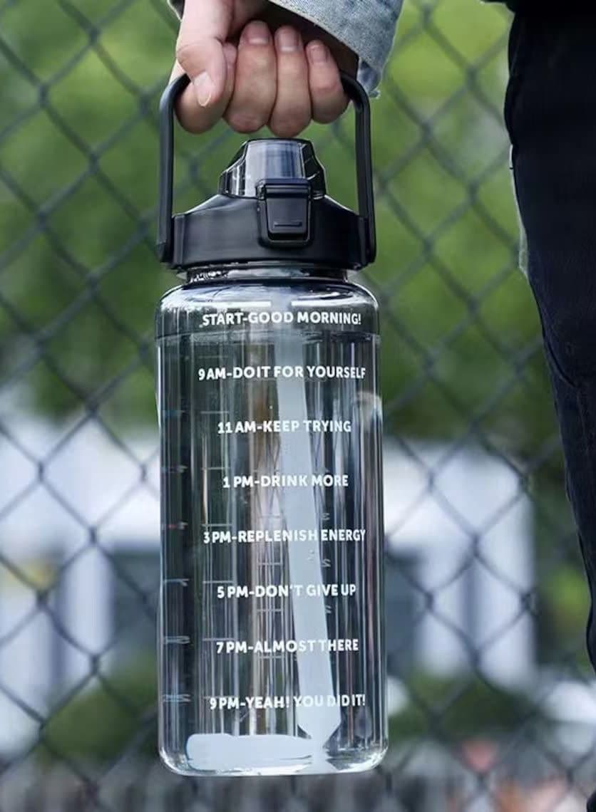 2 Litre Water Bottle With Straw Leak Proof Time Mark and Handle For Health Gym Kids - Clear Black