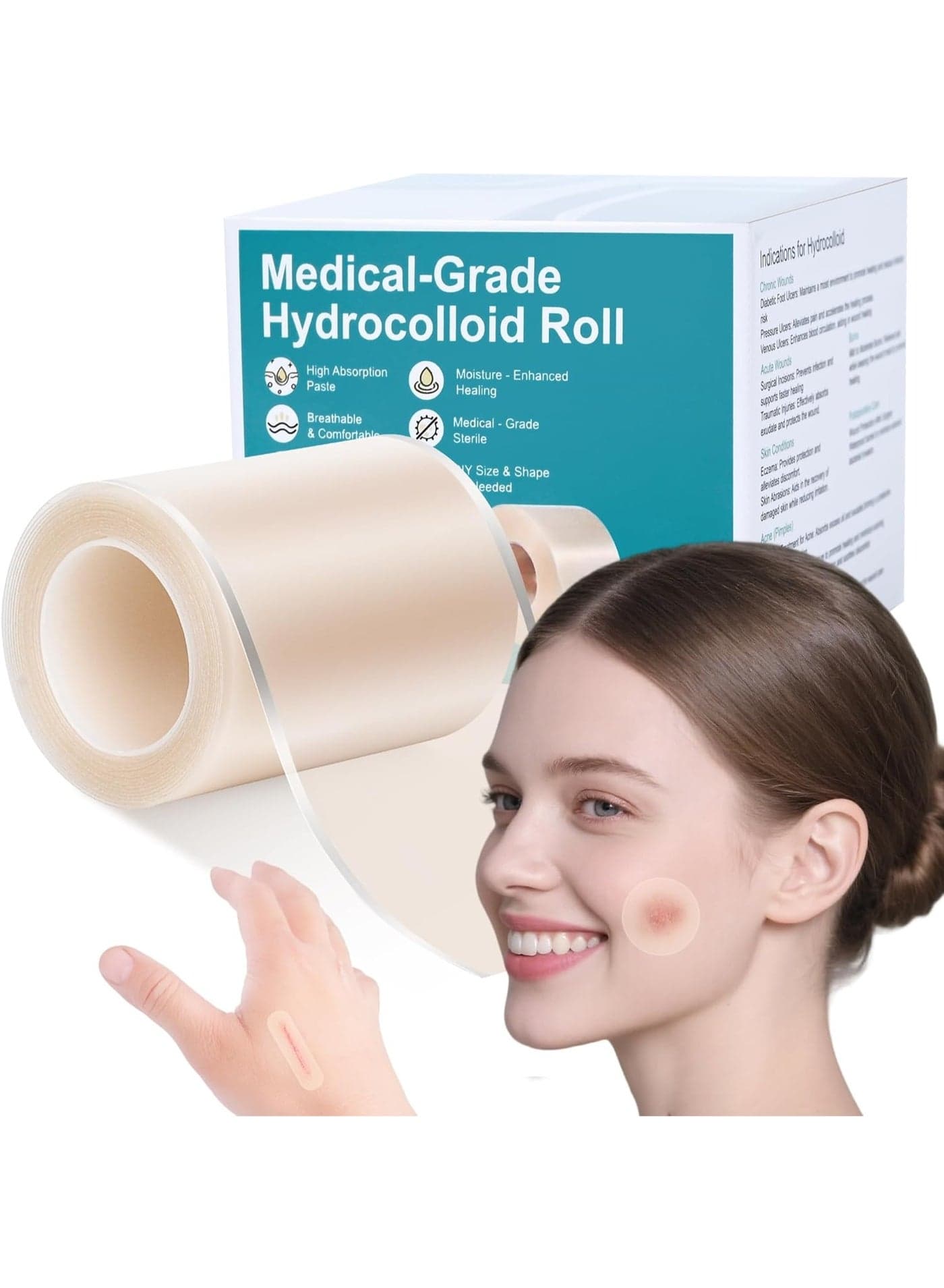 Hydrocolloid Roll Tape,5cm x 1.5m Cut-to-Size Hydrocolloid Patch Bandages with Self-Adhesive for for Wound Care, Flexible & Waterproof & Ultra Absorbent