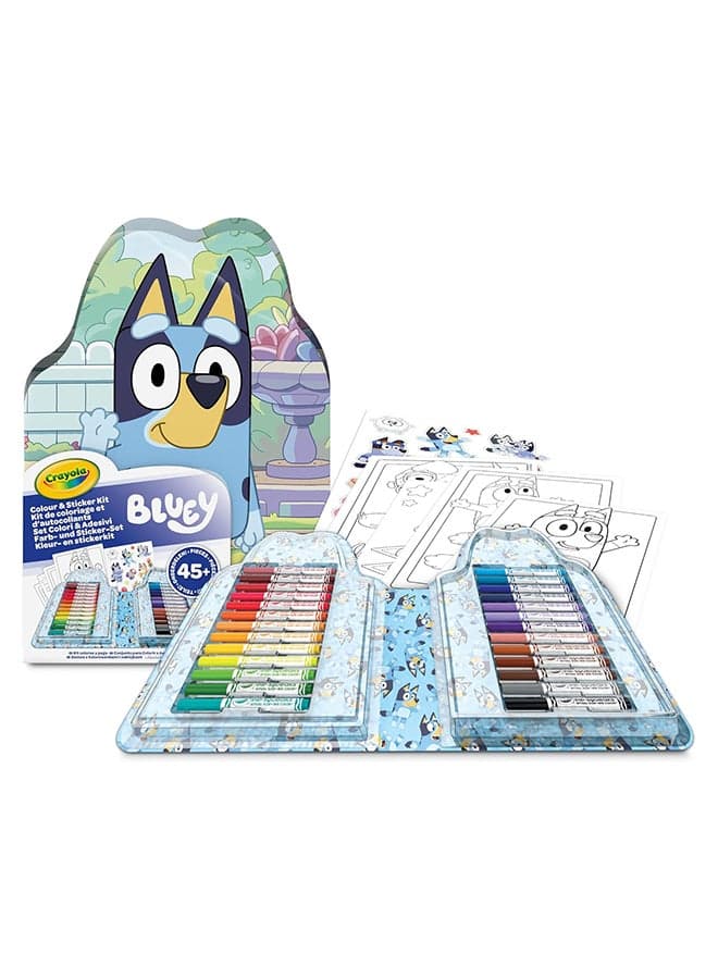 Bluey Colours & Stickers Case, Set of Felt Tip Pens, Colouring Pens, Stickers, 45 Pieces, Creative Gift for Children, from 5 Years