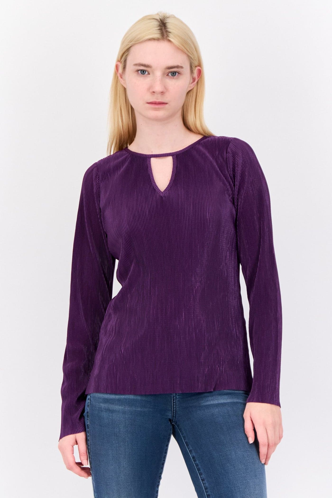 Women Keyhole Neck Stripe Long Sleeve Blouse, Purple