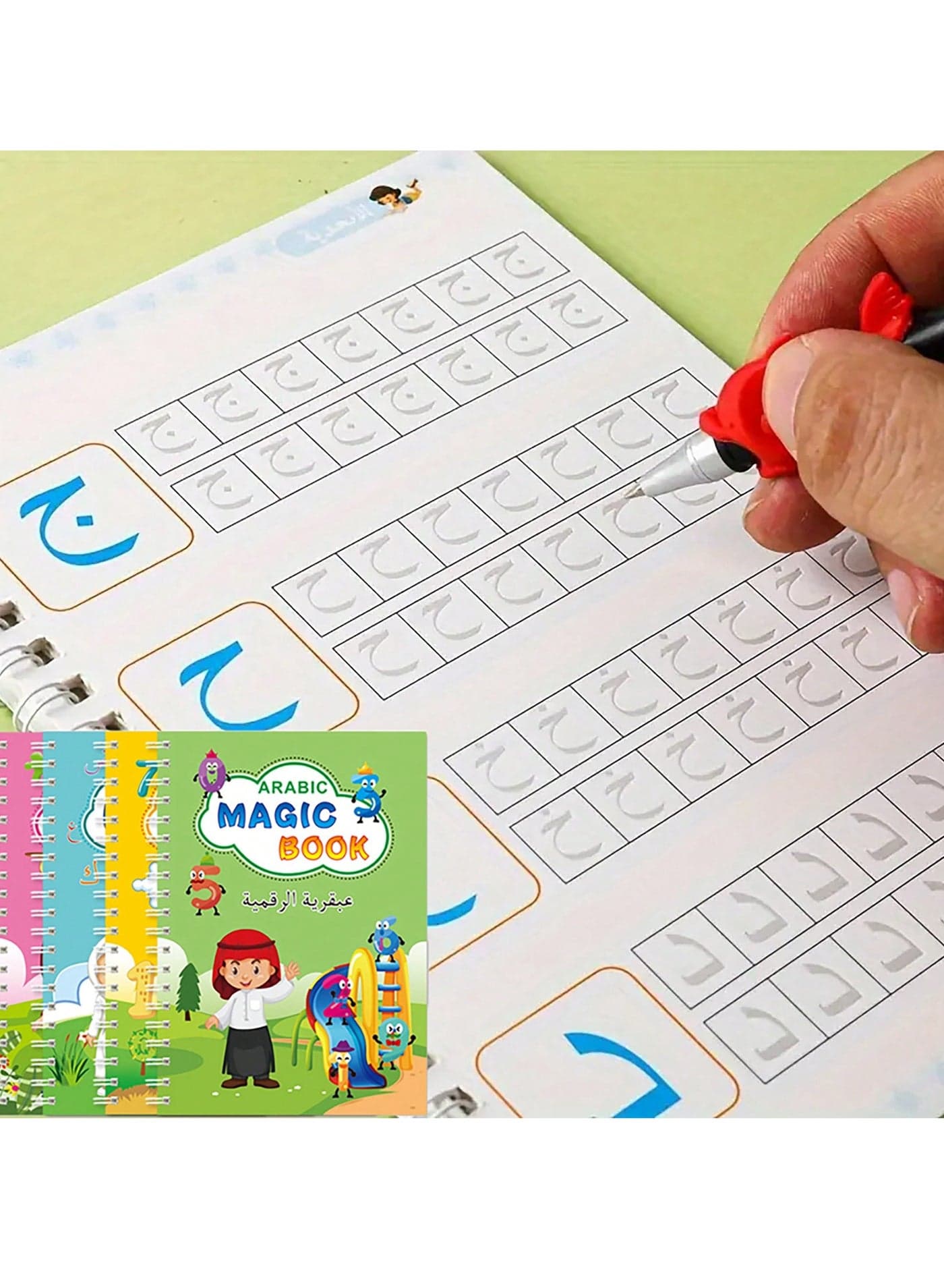 4 Pcs Arabic Calligraphy Magic Writing Set – Reusable Groove Practice Copybooks for Kids, Includes Arabic Alphabet, English, Numbers, and Drawing, Educational Handwriting Books with Disappearing Ink Pen, Ideal for Boys and Girls, School Supplies, and Beginners’ Learning