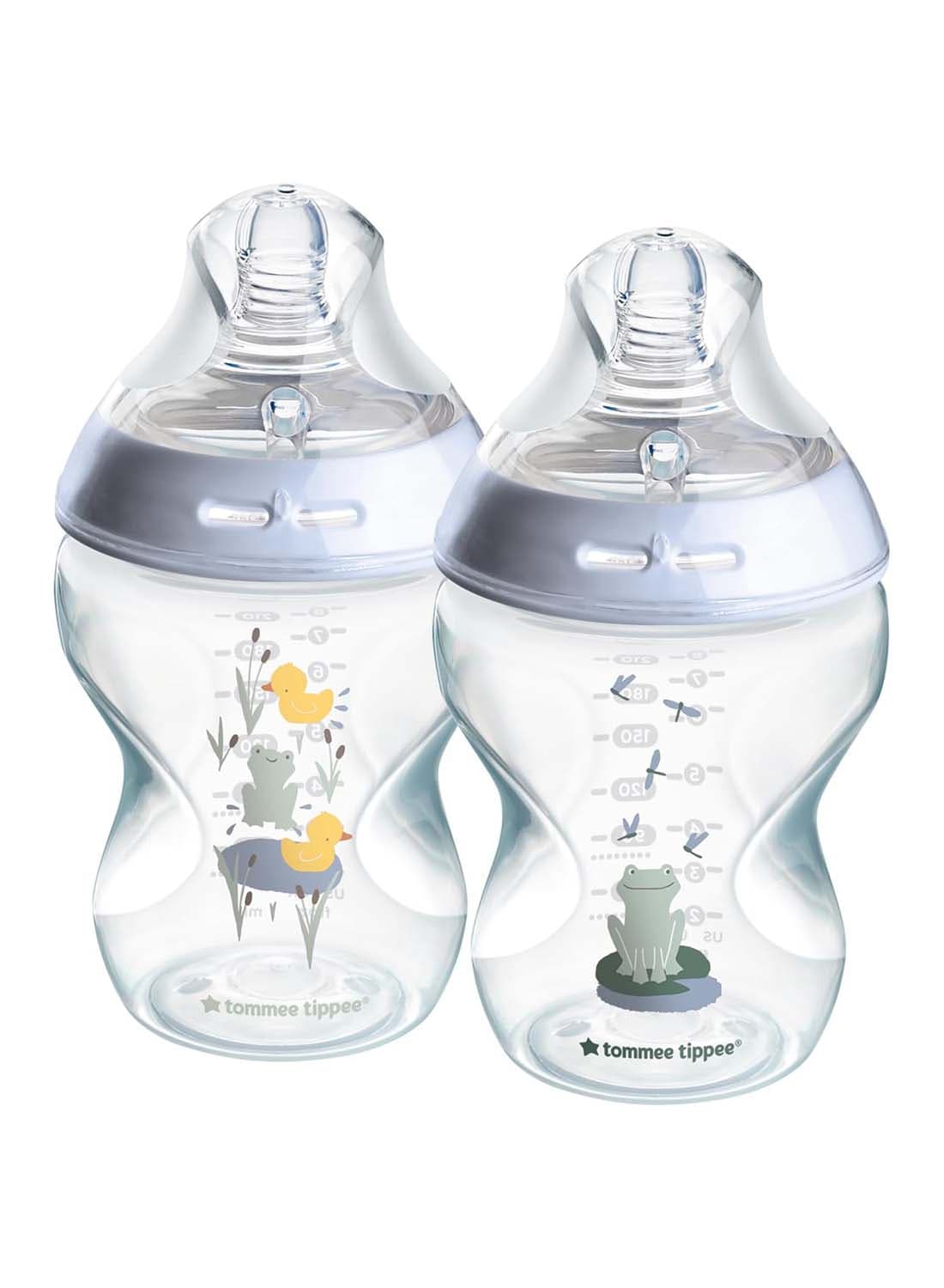 Natural Start Baby Bottles, 260ml, Pack of 2, Decorated Design, Slow Flow 0M+ Soft Silicone Teat, Easy Latch, Anti-Colic Valve, BPA-Free, Ideal for Newborns and Toddlers, Baby Feeding Bottles