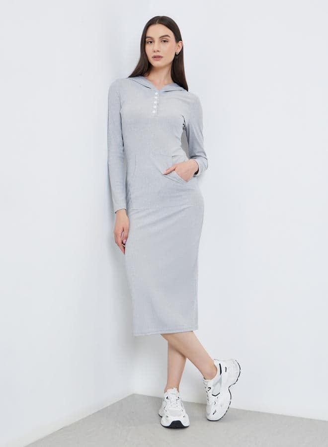 Take Two Solid Hooded Long Sleeve Midi Dress