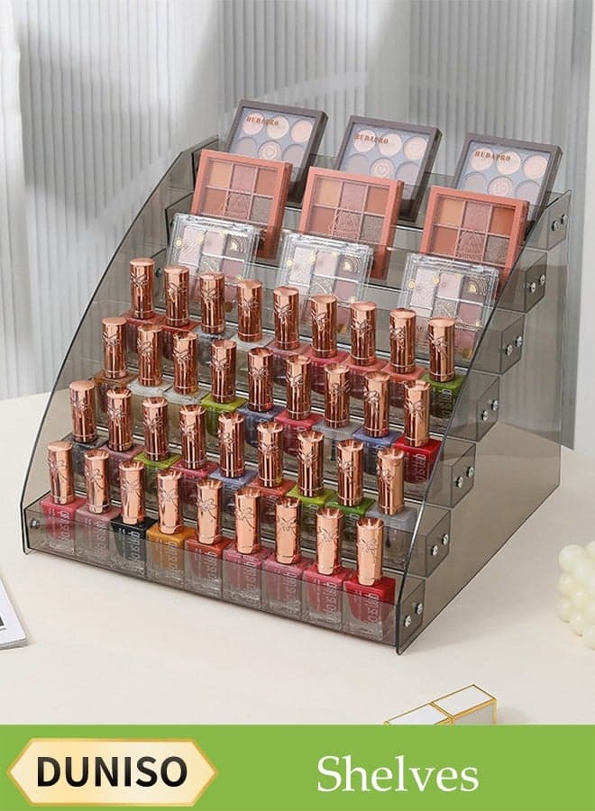 7-Layer Transparent Black Nail Polish Display Holder, Nail Polish Rack, Multi-Layer Trapezoidal Cosmetics Lipstick Organizer, Desktop Display Stand, Suitable For Eyeshadow Palette, Powder Pad, Lipstick And Perfume Organization, Professional Nail Salon Makeup Table