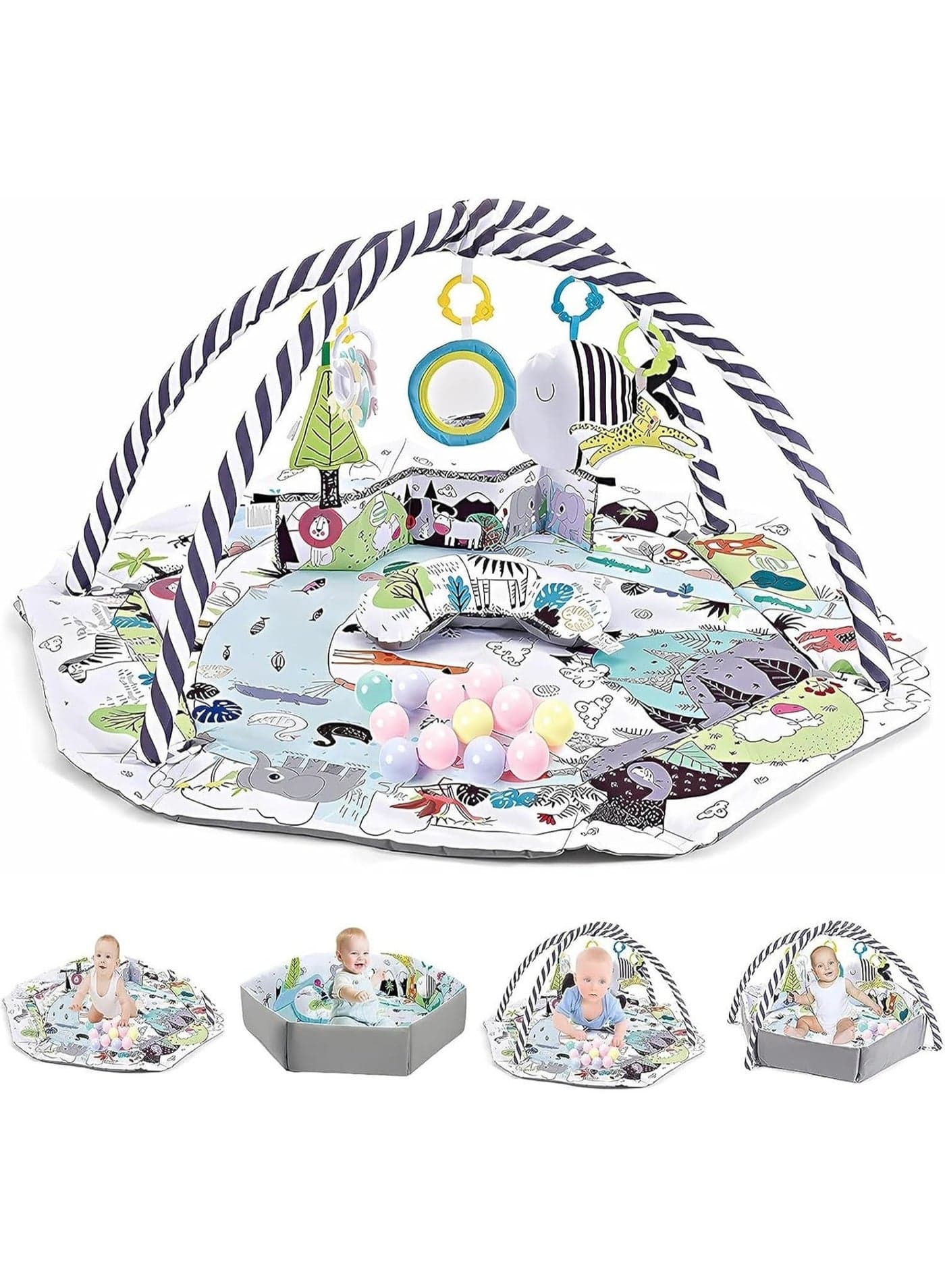 Play Gym Mat, Tummy Time Mat Baby Activity Gym with 8 Detachable Toys for Newborn Stage-Based Sensory and Motor Skill Development, Baby Play Mats for Ball Pit, Pet Cushion