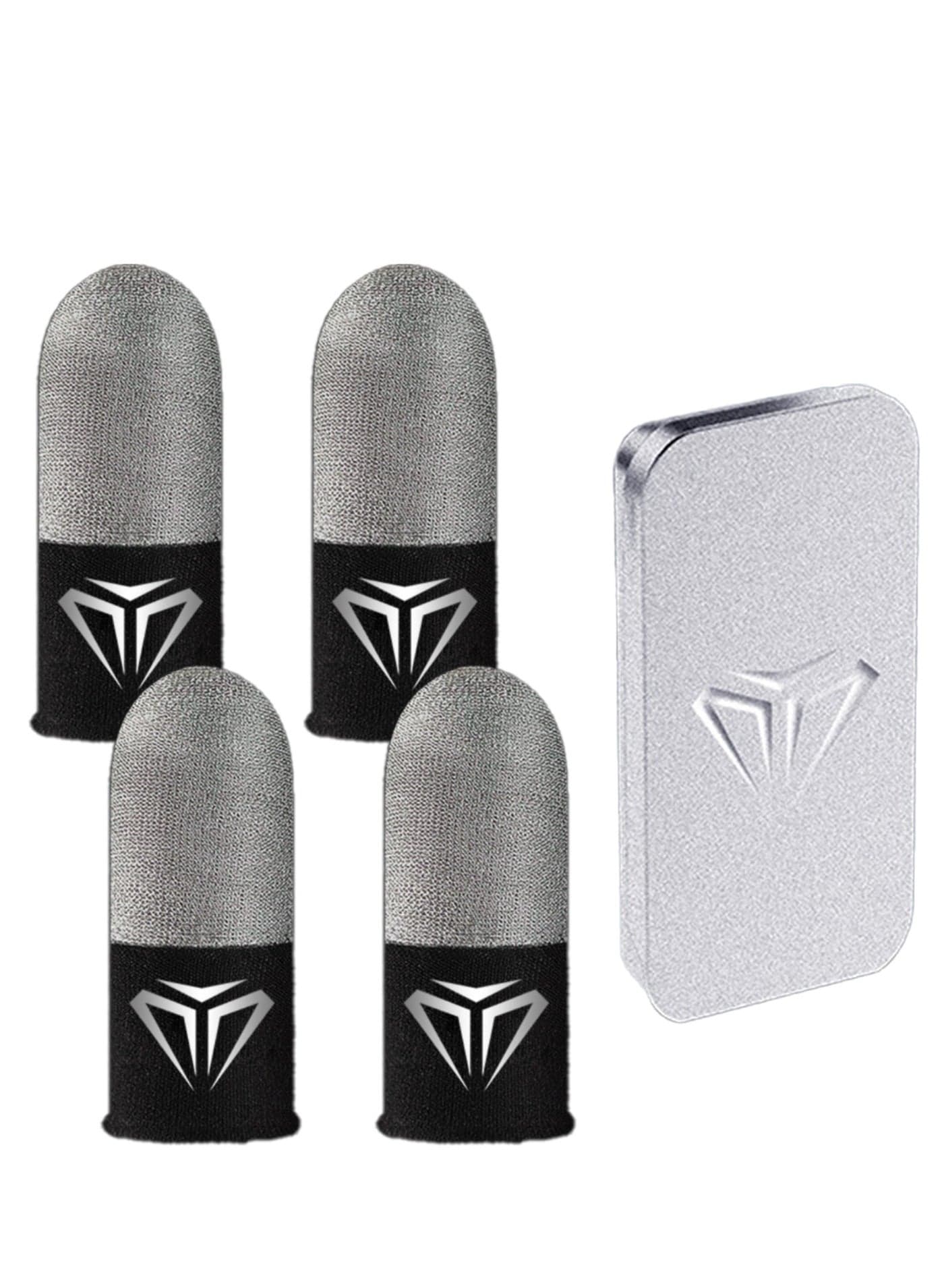 4pcs Gaming Finger gloves,Paired With A Metal Storage Box,100% Visible Silver Fibers,Just Right Pressure/Breathable/Sweatproof(Silver black)