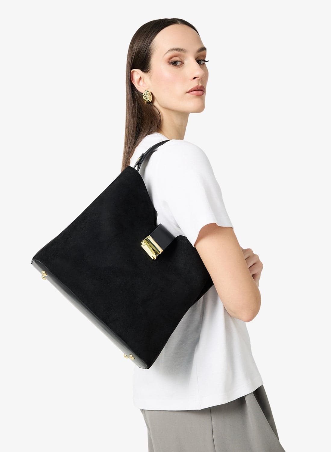 Gold Accent Detail Structured Bucket Bag With Top Handle And Strap