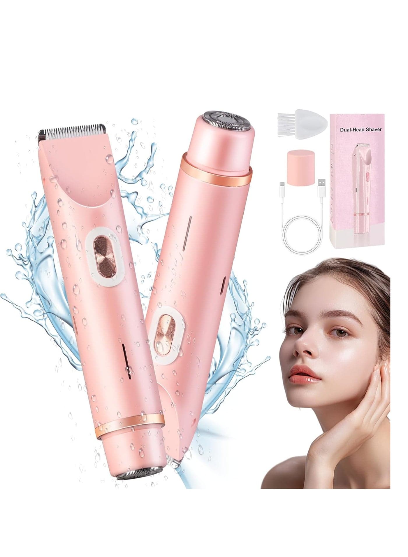 Loxira Womens Shaver 2-in-1, Loxira Electric Razor, Dual Head Shaver Women, Bikini Trimmer for Women, Electric Razor for Womens Legs, IPX67 Waterproof Wet & Dry Use Body Hair Trimmer (Pink)