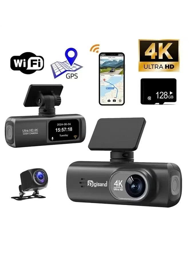 UHD 4K Dash Cam for Cars Front and Rear Dual Lens Front 3840*2160P Rear Lens Built-In WiFi G-Sensor With GPS Car DVR Video Recorder