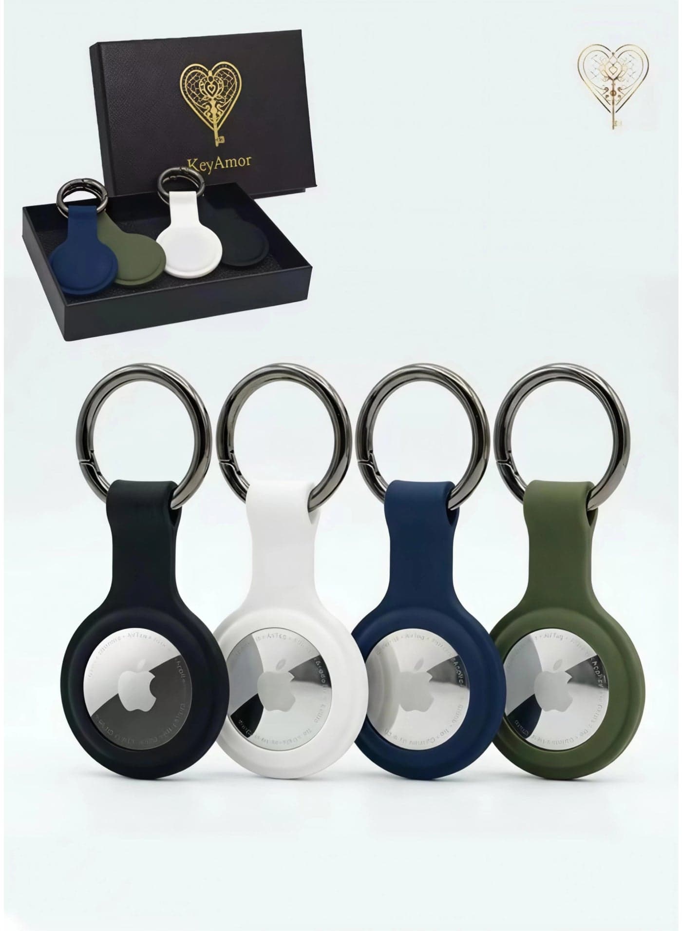 KeyAmor 4-Pack AirTag Protective Case – Waterproof Silicone Cover with Keychain Ring – Anti-Scratch AirTag Holder in Gift Box – Multi-Color Set