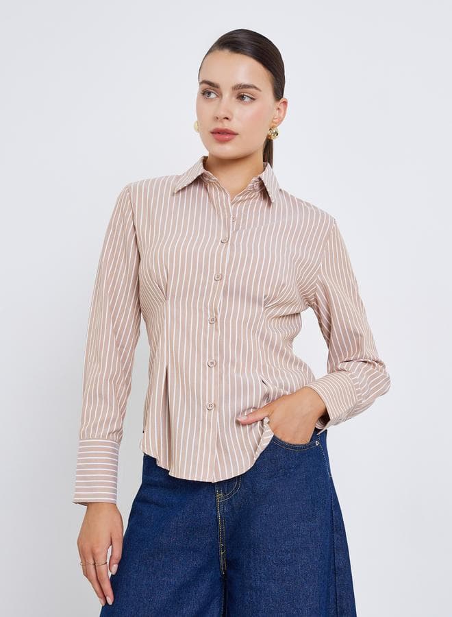 Women Beige Striped Long Sleeve Shirt