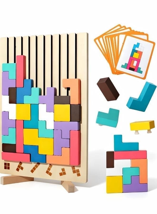 42 PCS Wooden Block Puzzle with 20 Challenge Cards, Montessori STEM Brain Teaser Toy for Kids Age 3-6