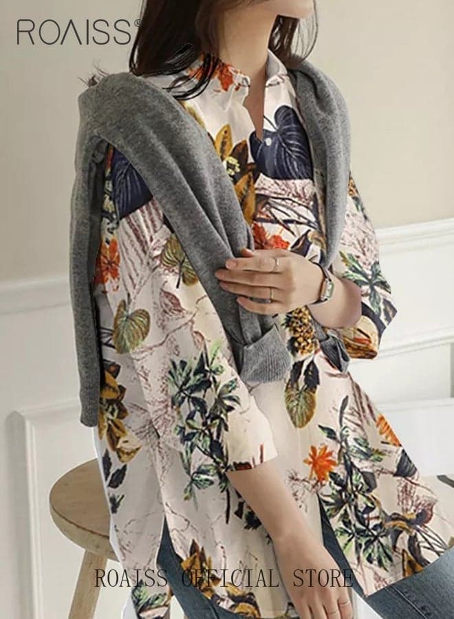 Woman Floral Long Sleeve Shirt, Summer Elegant Loose Fit Blouse, Vintage Boho Tropical Leaf Print Top, Collared Neck High Low Hem Shirt, Breathable Cotton Linen Top, Daily Casual Wear Beach Vacation Outfit